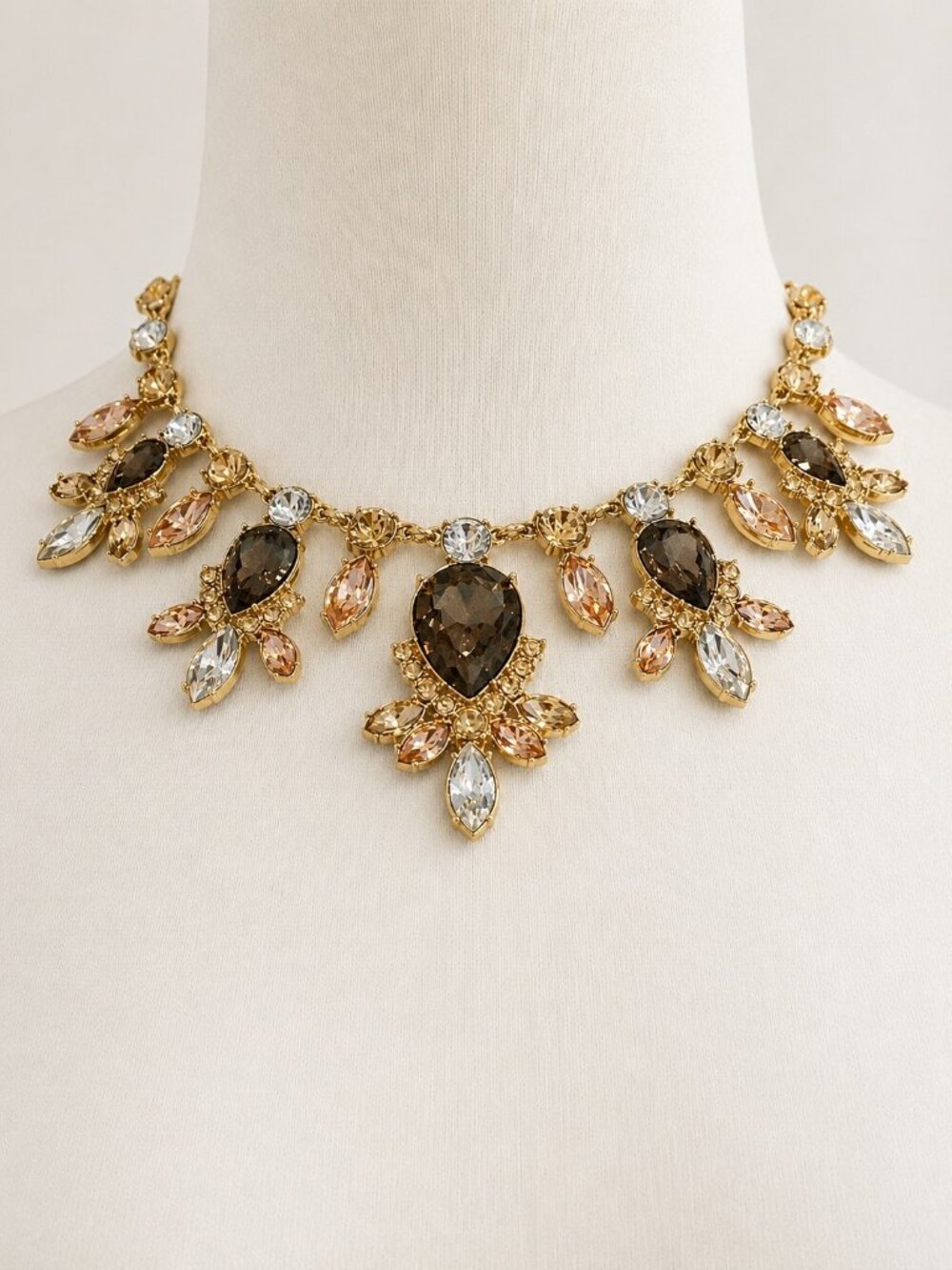 Vintage Gold Statement Necklace With Multicolored Crystal Accents Adjustable Cha